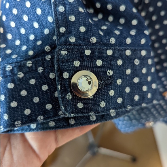 Polkadot denim shirt jean jacket with rhinestone buttons and 3/4 length sleeves - Picture 5 of 7